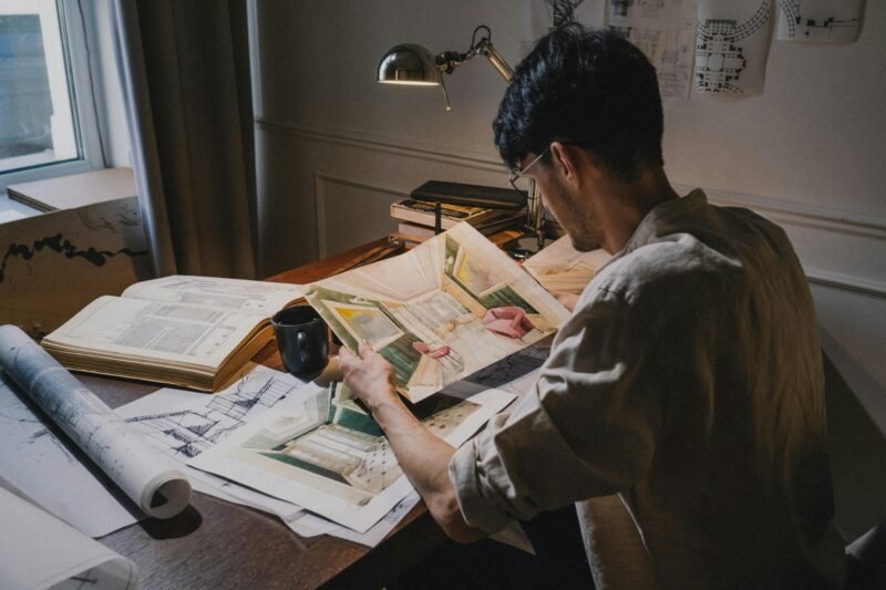 A man sits in front of several architectural drawings in this example of music careers.
