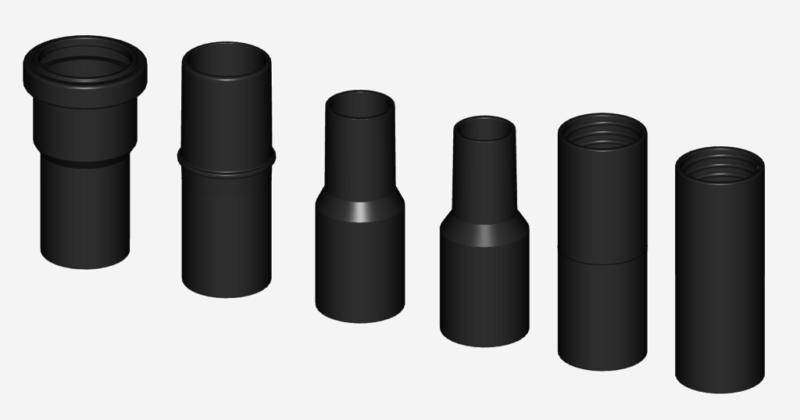 Several different size vacuum attachments are shown in black.