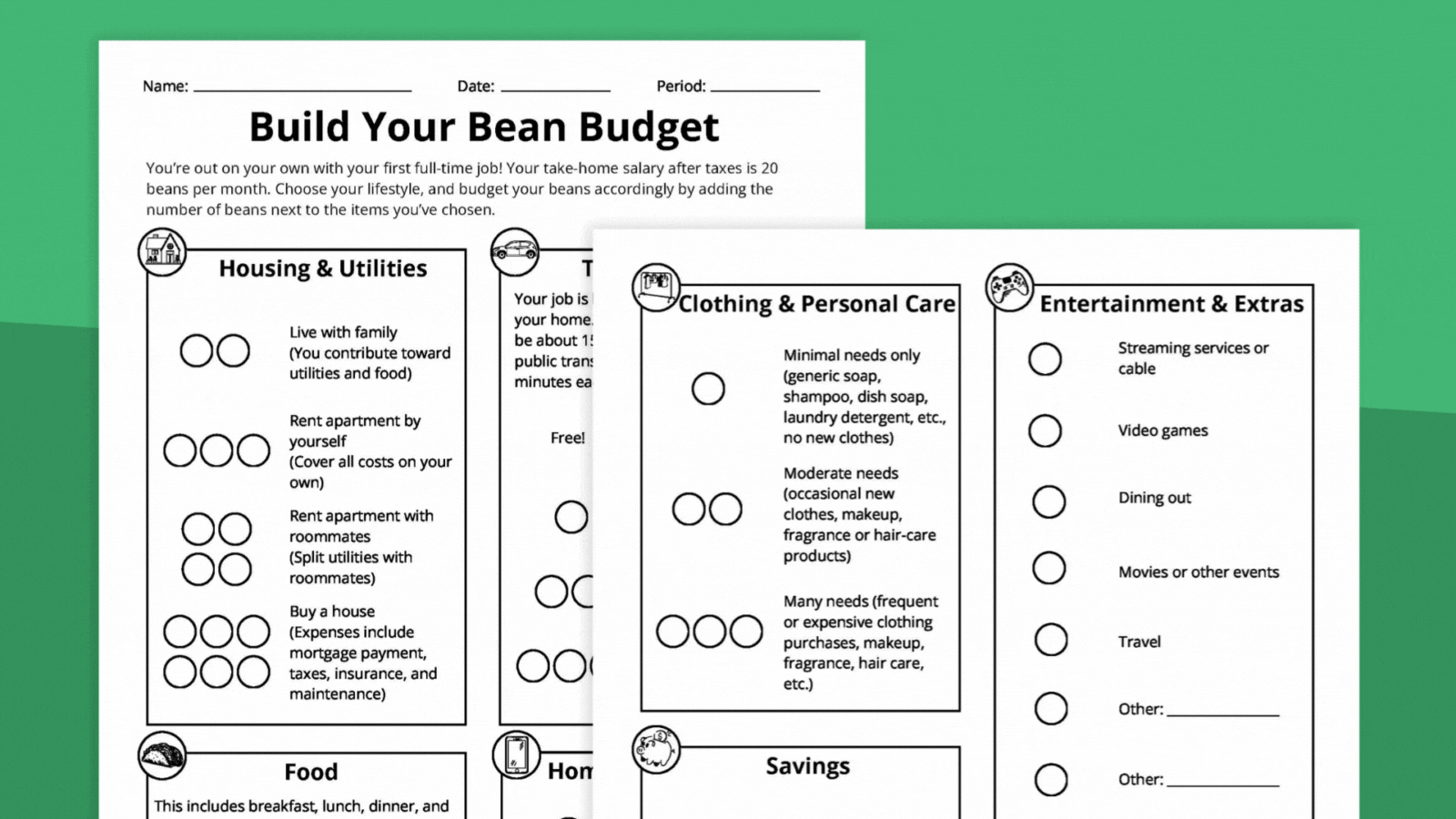 bean budget worksheets