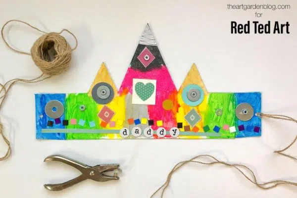A colorful crown made from a recycled cereal box as an example of father's day gifts for kids