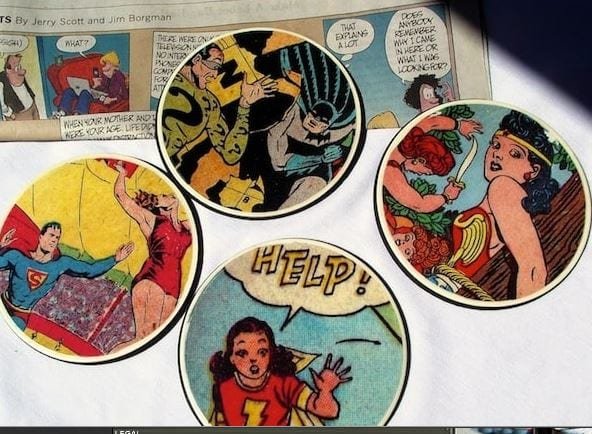 Superhero coasters made from comics and wood discs