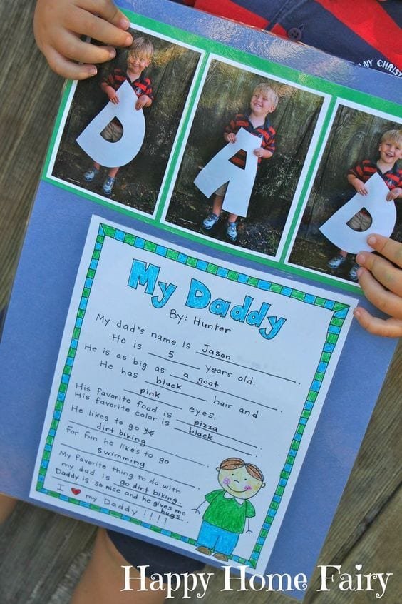 A father's day card with three pictures of a boy holding the letter D, A and D and a paragraph describing his dad