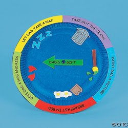 A paper plate is painted blue. It has an arrow in the middle that can be spun to point to different chores as an example of father's day gifts for kids