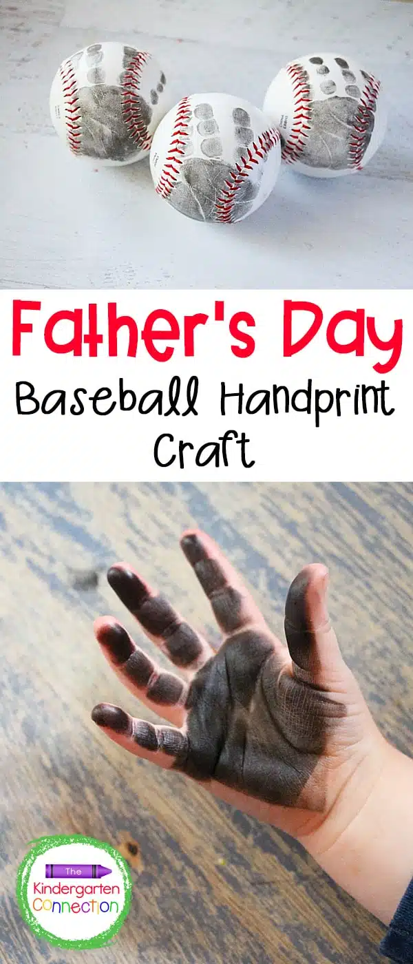A child's hand with paint on it is shown on the bottom and three baseballs are shown with handprints on them 