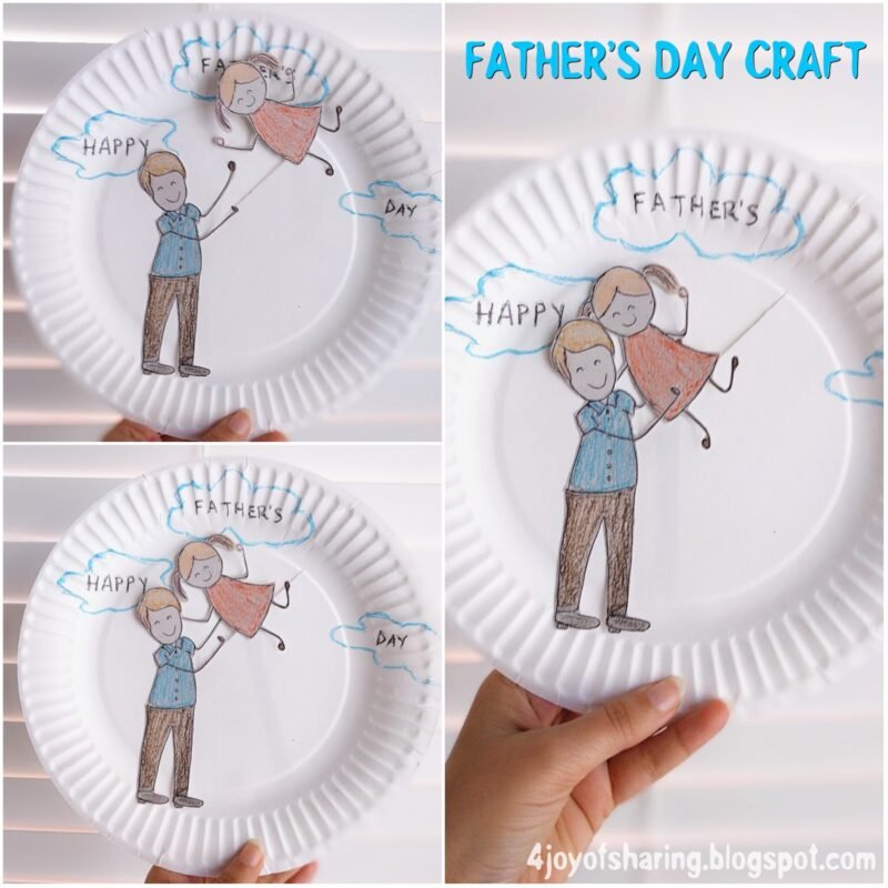 A couple of views of a paper plate craft with a father tossing a little girl in the air is shown as an example of father's day crafts for kids
