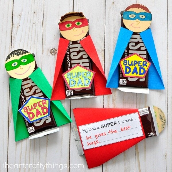 Superheroes are made with Hershey's bars as the bodies as an example of father's day gifts for kids