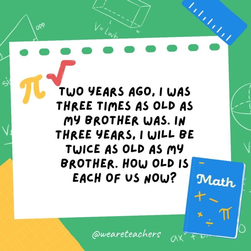 2. Two years ago, I was three times as old as my brother was. In three years, I will be twice as old as my brother. How old is each of us now?