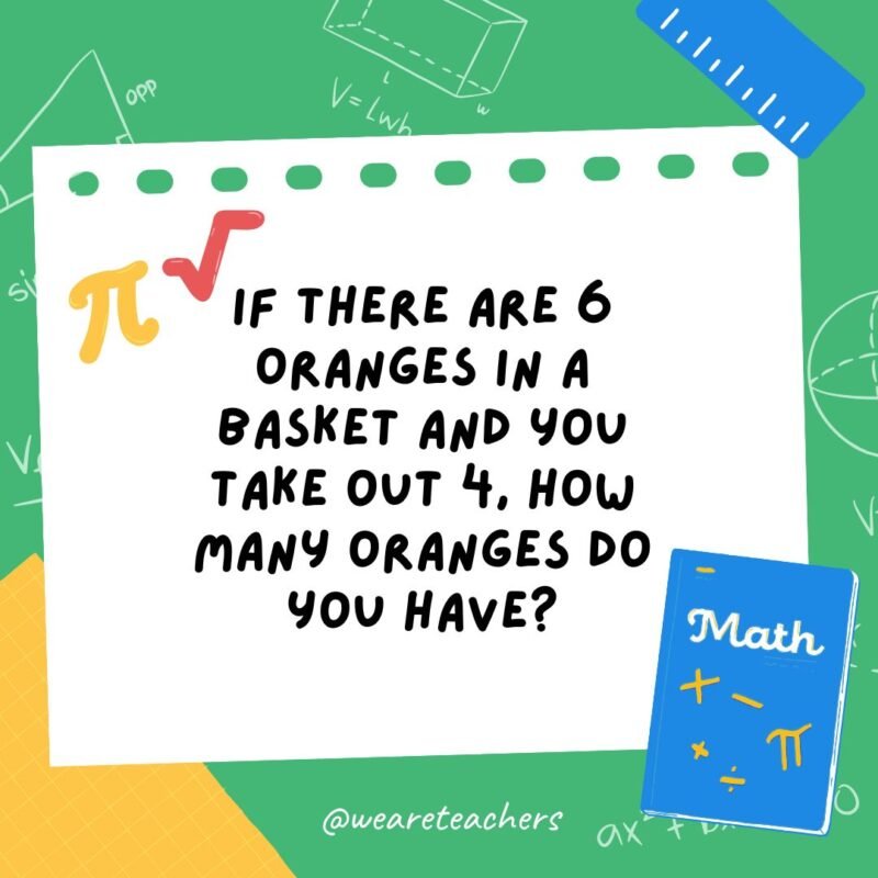 22. If there are 6 oranges in a basket, and you take out 4, how many oranges do you have?