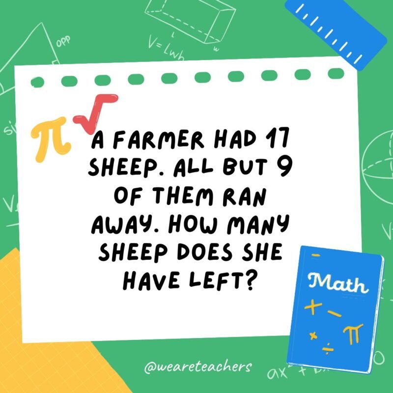 5. A farmer had 17 sheep. All but 9 of them ran away. How many sheep does she have left?