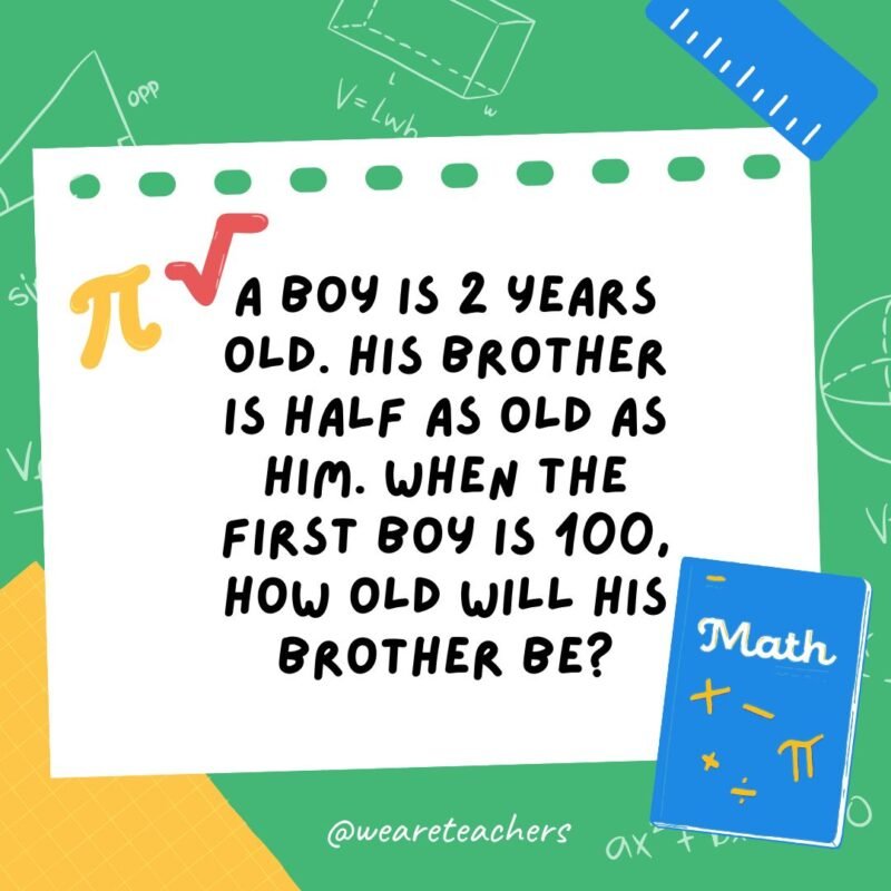 6. A boy is 2 years old. His brother is half as old as him. When the first boy is 100, how old will his brother be?- math brain teasers