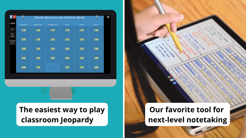 Our Favorite EdTech Tools Classroom jeopardy game on computer screen and student taking notes with Legitech Pen on tablet as examples of best edtech tools