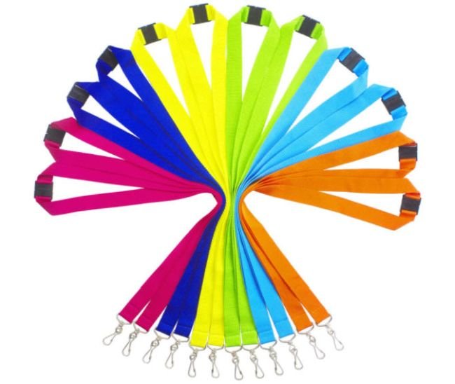 Safety lanyards in pink, blue, yellow, green, and orange as an example of inexpensive gift ideas for students