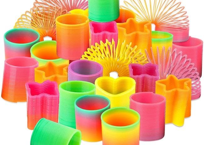 Colorful plastic Slinky-like springs are an example of inexpensive gift ideas for students