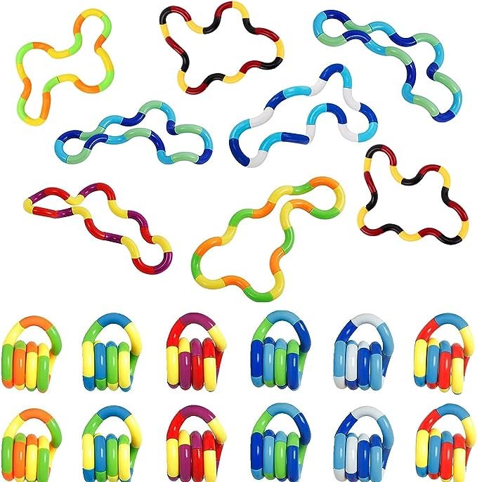 Colorful bendable fidget toys laid out on a clean surface