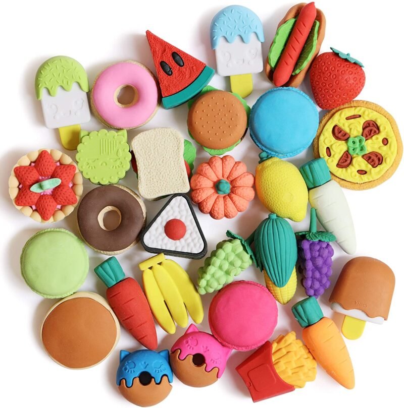 Tiny rubber erasers in the shape of food as an example of inexpensive gift ideas for students