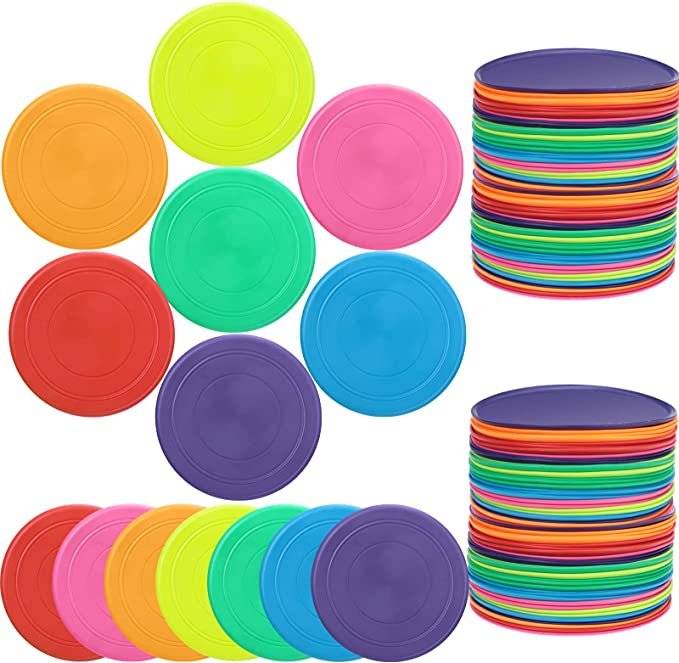 Stacks of colorful throwing discs