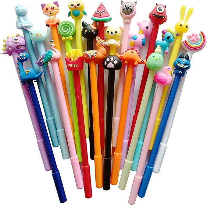 Assorted colorful gel ink pens with novelty toppers as an example of inexpensive gift ideas for students