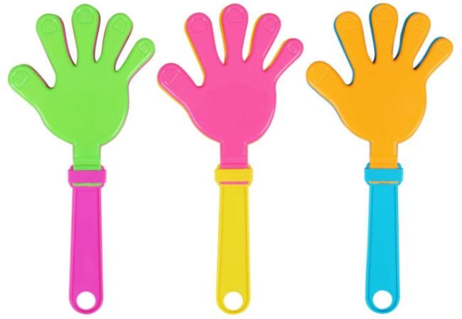 Colorful plastic hand clappers as an example of inexpensive gift ideas for students