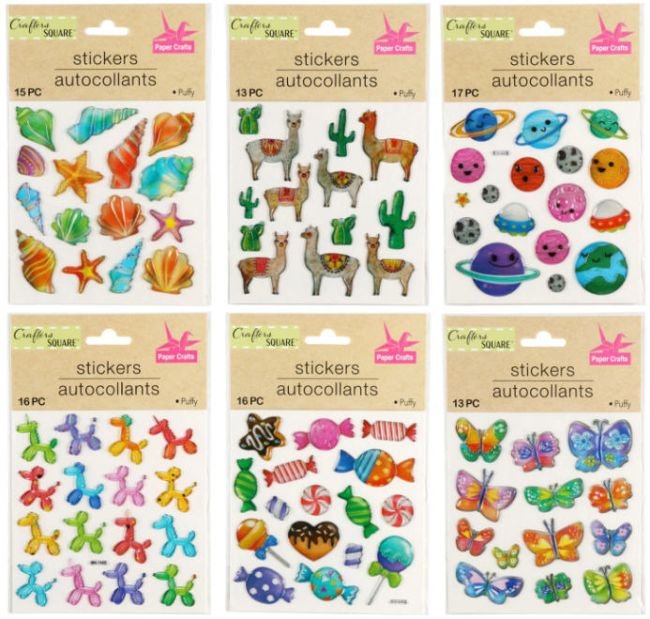 Assorted packages of puffy stickers in shapes like shells, planets, and butterflies as an example of inexpensive gift ideas for students