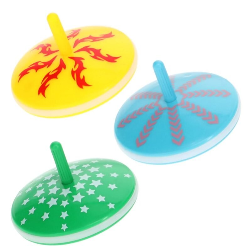 Three light up tops in green, yellow and blue designs as an example of inexpensive gifts for students