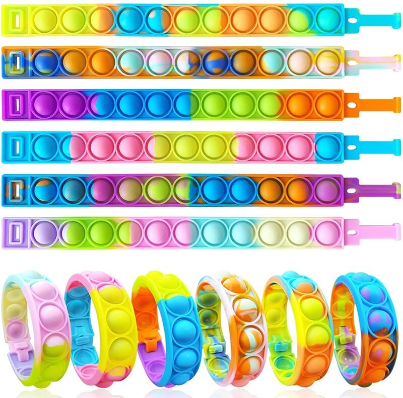 Collage of pop it fidget bracelets as an example of inexpensive gift ideas for students