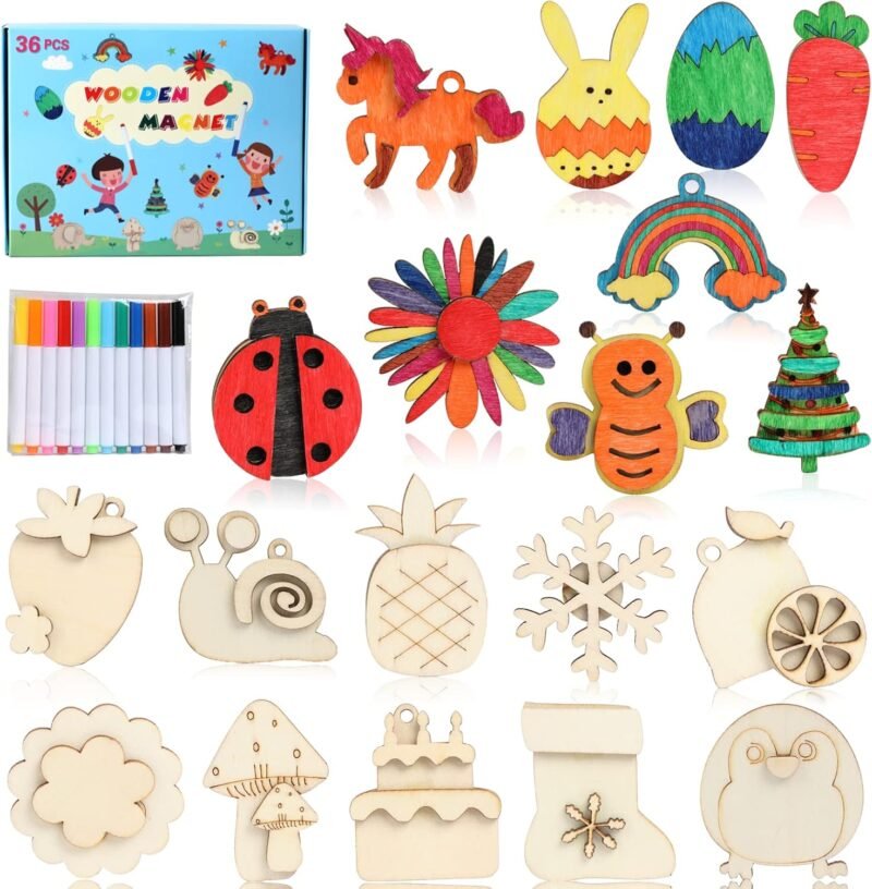 Wooden magnets in different shapes to use for a DIY paint project as an example of inexpensive gift ideas for students
