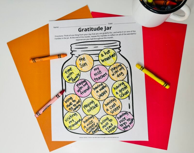 Printable gratitude jar activity colored in with crayons.