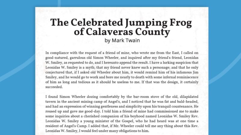 Image from the first page of funny short stories, The Celebrated Jumping Frog of Calaveras County