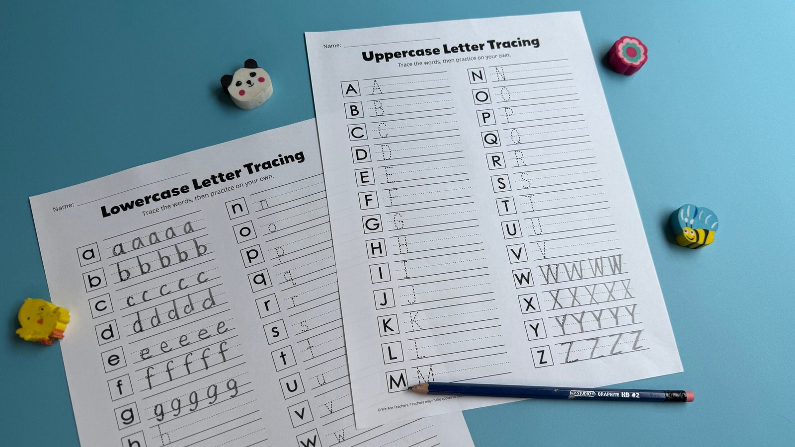 Tracing sheets with letters of alphabet