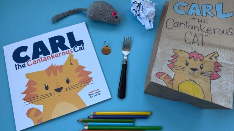 Paper bag with recreation of book cover drawn on it