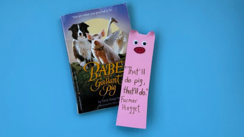 Bookmark drawn to represent a pig on a book
