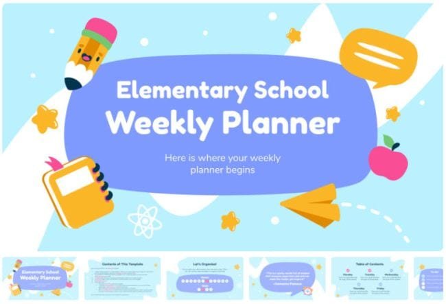 Elementary School Weekly Planner slides with a cheerful school supplies theme