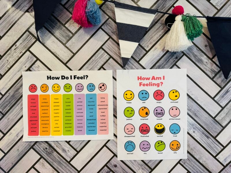 Feelings vocabulary charts posted in a classroom.
