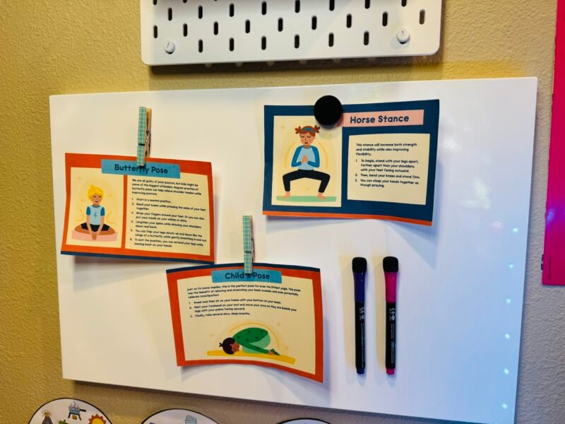 social-emotional learning activities yoga posters printable on classroom white board