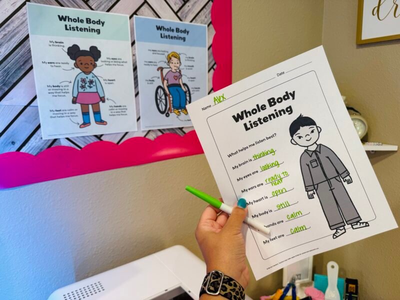 social-emotional learning activities whole body listening bulletin board and printable