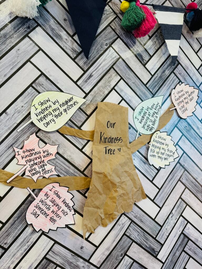 social-emotional learning activities kindness tree on bulletin board with printable leaves