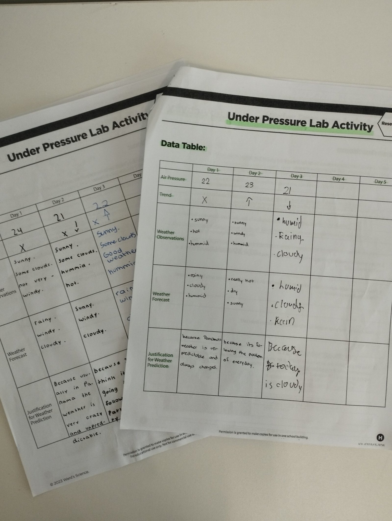 Image of two student data sheets from the Ward's Science Engage Kit "Under Pressure"