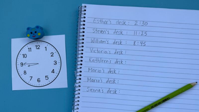 piece of paper with people's name written next to times of the day and image of clock