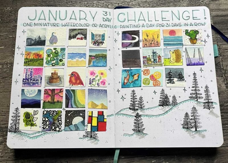 Bullet journal spread showing one small watercolor sketch per day