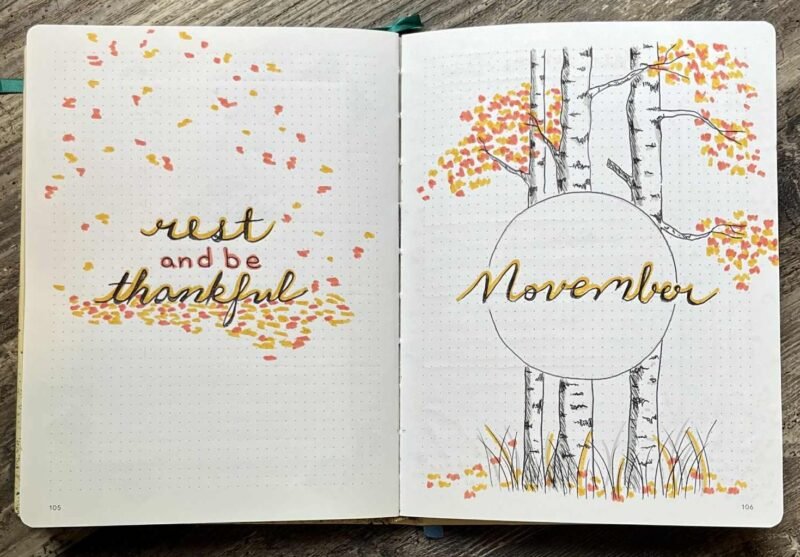 Bullet Journal spread for November, with sketches and inspirational message