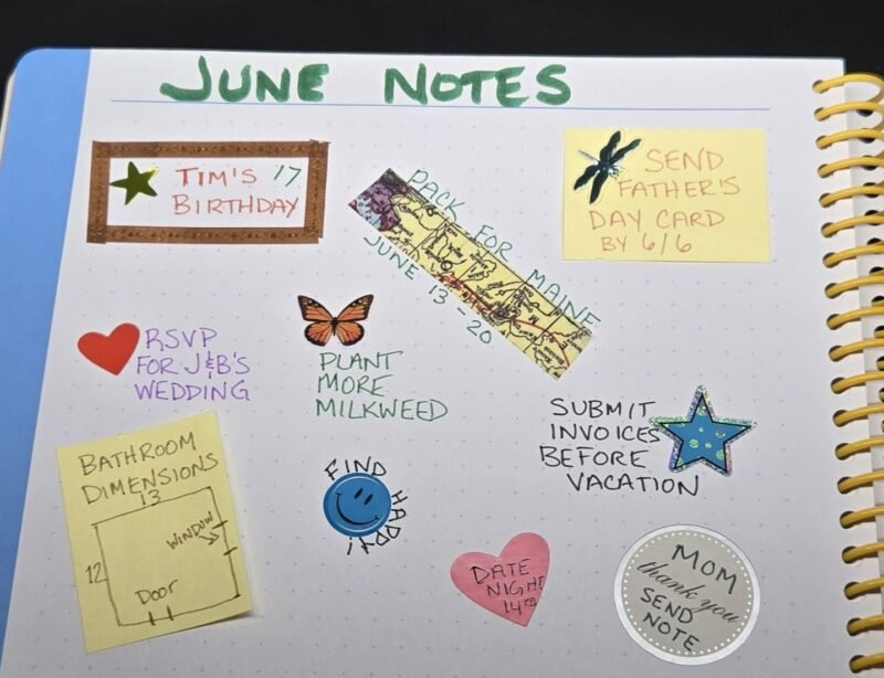 Bullet journal page with colorful notes