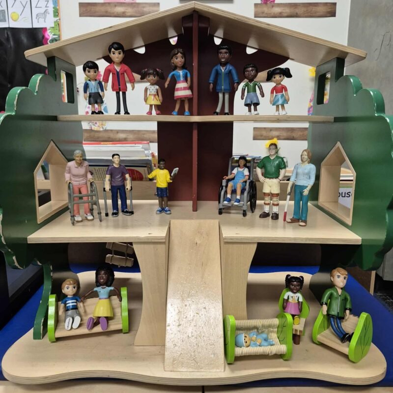 Inclusive Classroom Toys A dollhouse with inclusive dolls with different skin tones, including one using a wheelchair and one using a walker
