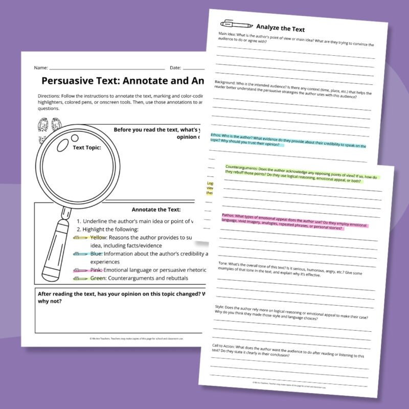 Flat lay of persuasive essay worksheet for analyzing and annotating text