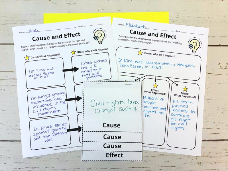 printable worksheets that have students complete the cause and effect events that led to Dr. King’s assassination