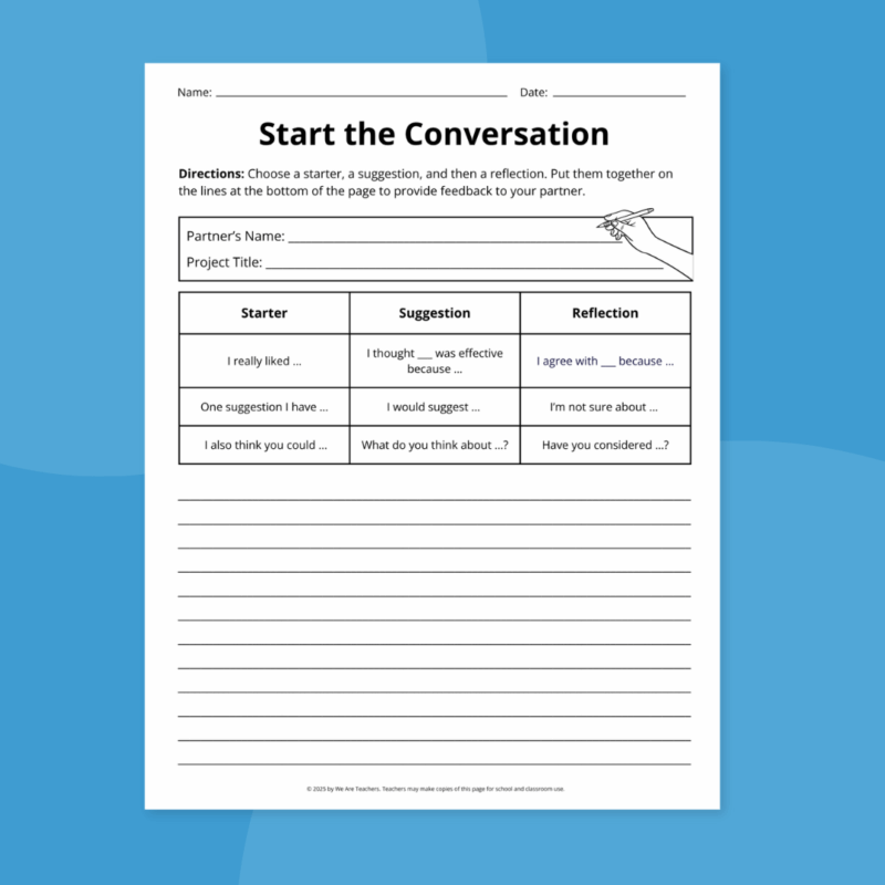 blank start the conversation peer editing checklist worksheet