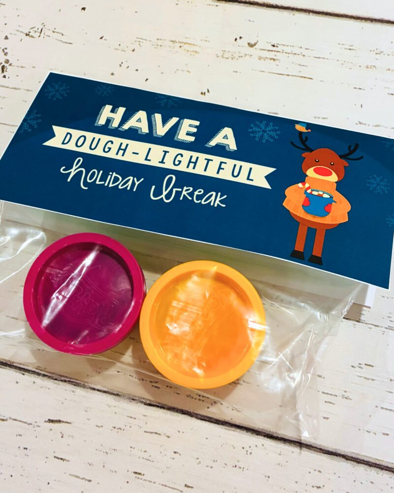 holiday gift tag example for a student craft gift called have a dough-lightful holiday break with a bag of two small playdough containers
