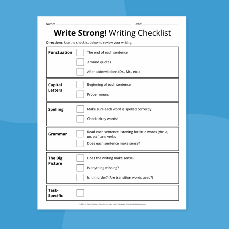 blank write strong! writing checklist for peer editing checklists