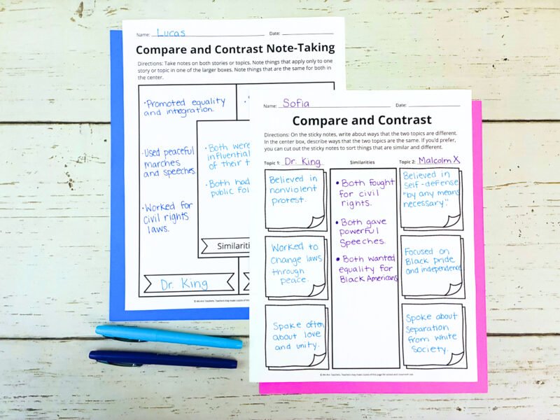 completed student compare and contrast worksheets focusing on Martin Luther King Jr.
