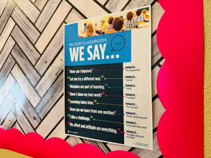 a growth mindset classroom poster on a bulletin board that promotes positive self-talk