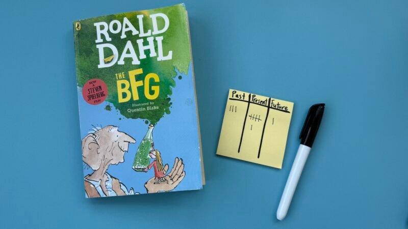 Roald Dahl book and sticky note with markings